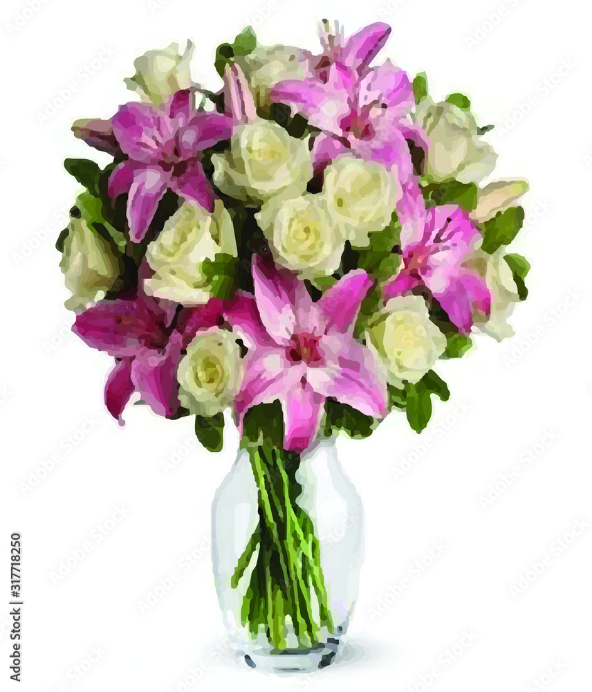 A bouquet of light roses in a vase on a white background A bouquet of light roses in a vase on a white background