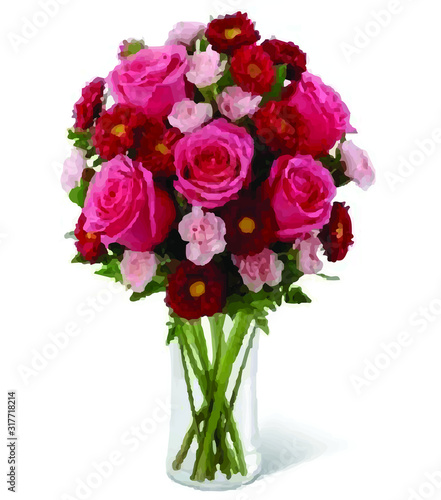 A bouquet of light roses in a vase on a white background