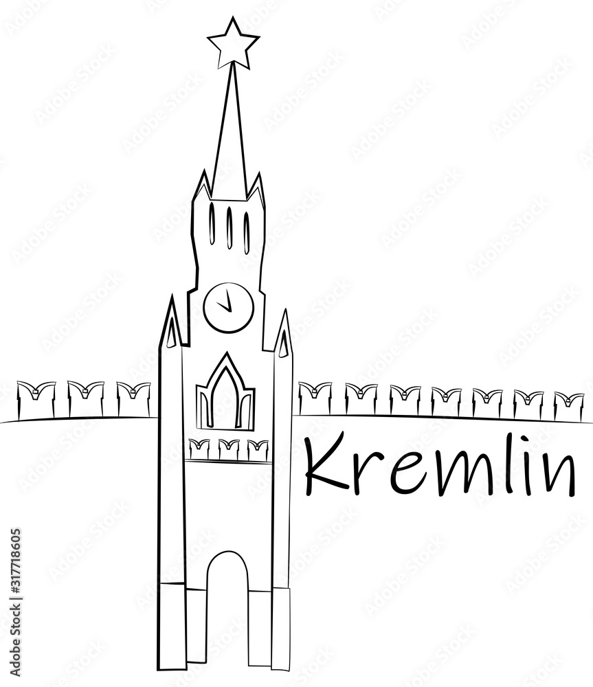 Clock tower and the wall of the Moscow Kremlin,  Russia. Line drawing, stylization illustration