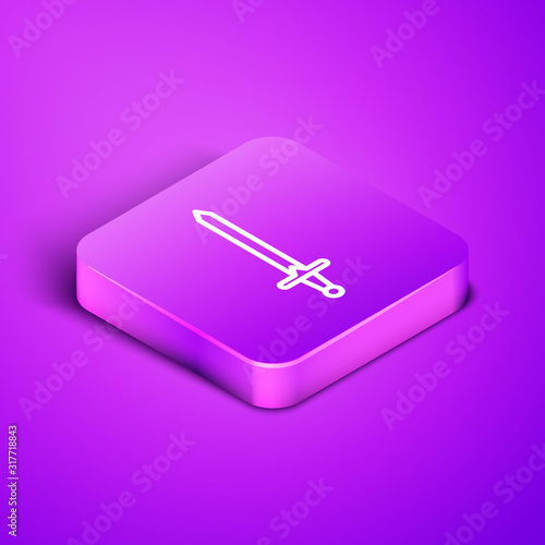Isometric line Medieval sword icon isolated on purple background. Medieval weapon. Purple square button. Vector Illustration