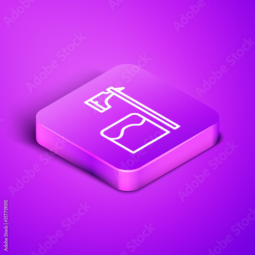 Isometric line Executioner axe in tree block icon isolated on purple background. Hangman, torturer, executor, tormentor, butcher, headsman. Purple square button. Vector Illustration