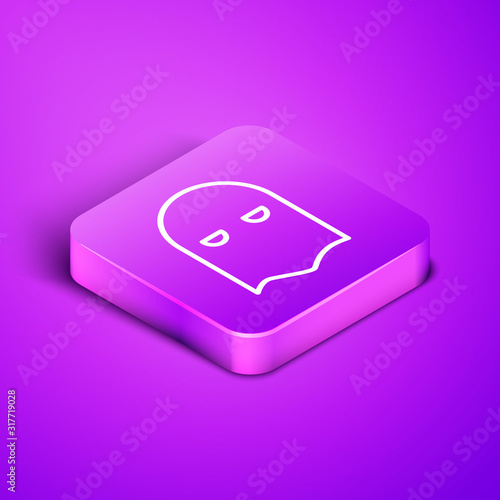 Isometric line Executioner mask icon isolated on purple background. Hangman, torturer, executor, tormentor, butcher, headsman icon. Purple square button. Vector Illustration