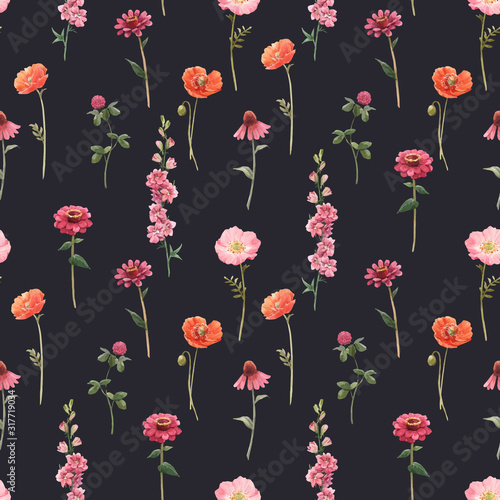 Beautiful vector floral summer seamless pattern with watercolor hand drawn field wild flowers. Stock illustration.