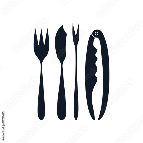 Special Cutlery for Seafood. Silhouette of Cocktail fork, Coquille, fish knife, tongs. Boiled prawns - on forks. Hand drawn illustration isolated on white background. Vector set
