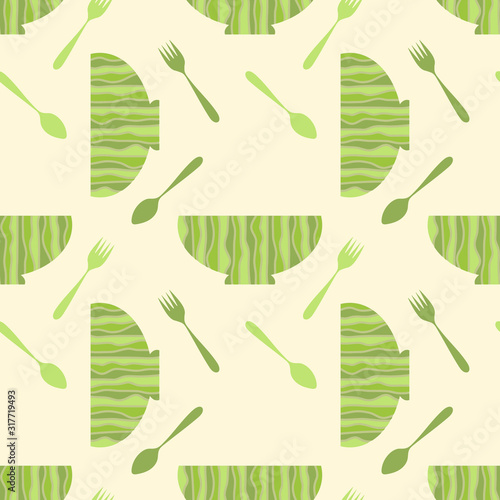 Bowls, spoons, forks on a light background, seamless pattern. Texture of pottery. Silhouettes Of Cutlery. Kitchen utensils.