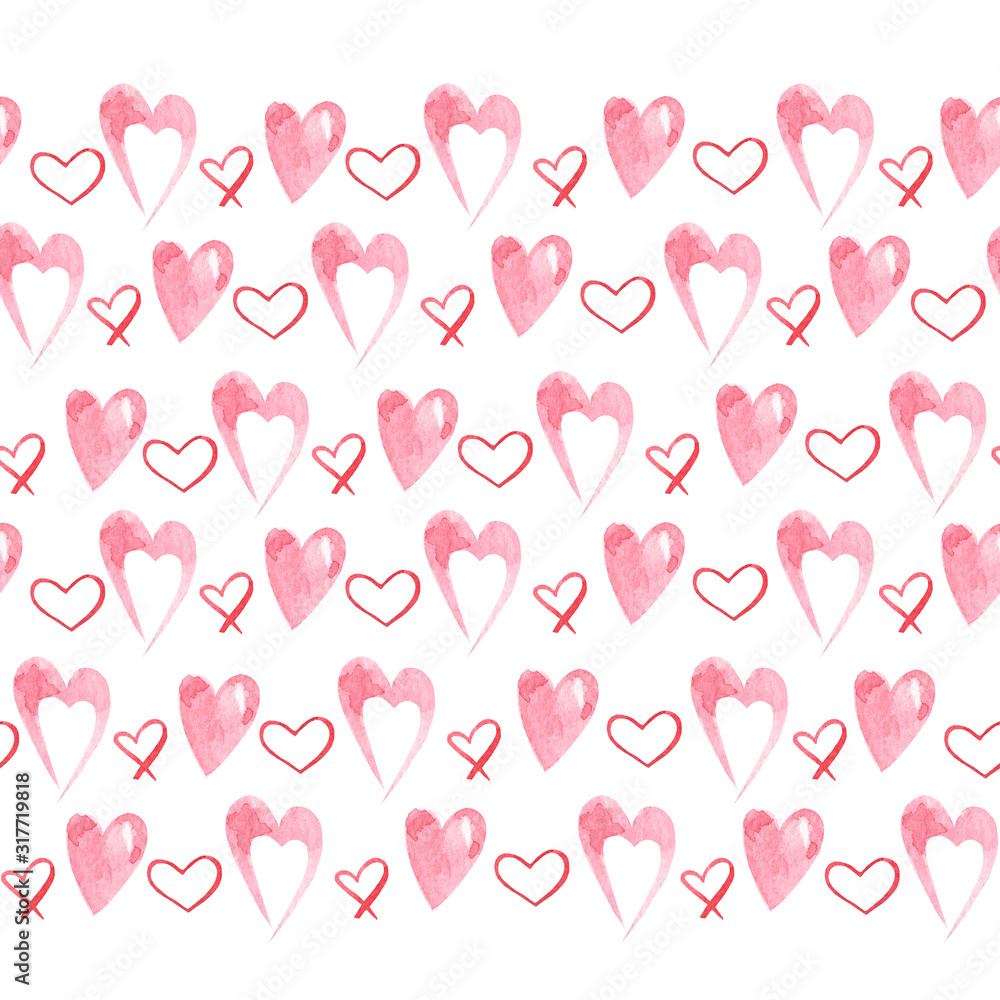 Seamless background of hearts for Valentine's day. Watercolor background for design, decor, print, textile, etc.