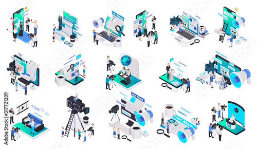 Isometric Journalistis Reporters News Media Icon Set