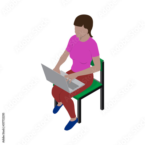 Girl sitting on a chair with a laptop on her lap. Programmer, freelancer, student or blogger in isometric view.