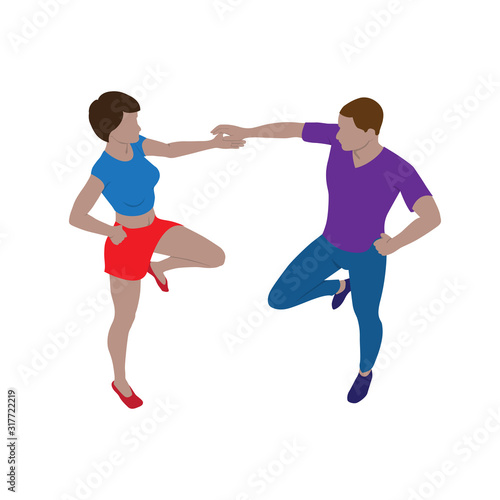 Young couple dancing rhythmically. Scene of isolated girl and guy in isometric view.