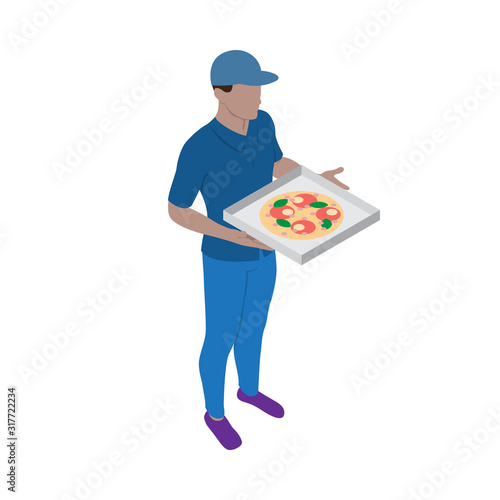 Pizza delivery man in uniform. Guy with a pizza box in his hands in isometric view.