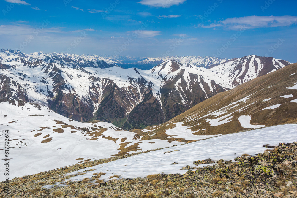 Snow-capped peaks of the Caucasus Mountains. Karachay-Cherkessia, Russia