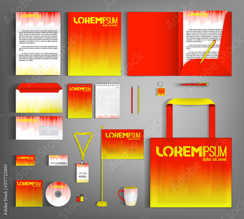 Red and yellow corporate identity design template with lines. Vector illustration