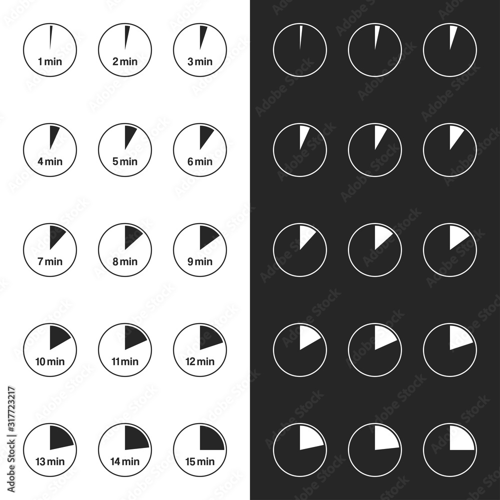 Vector illustration of 15 clock timer icons set in 2 colors ...