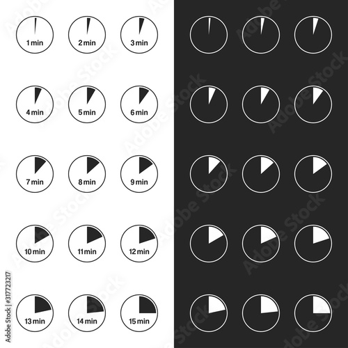 Vector illustration of 15 clock timer icons set in 2 colors.  Minimalistic timer symbol with minutes from 1 to 15 for product labels and packaging design, cooking instructions. Black and white signs.