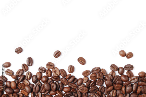Frame of coffee beans isolated on a white background.