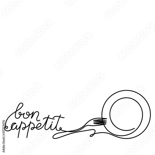 Continuous linear drawing of the plate , fork and the inscription Bon appetit. Hand drawn single line vector illustration on white background. The topic of food