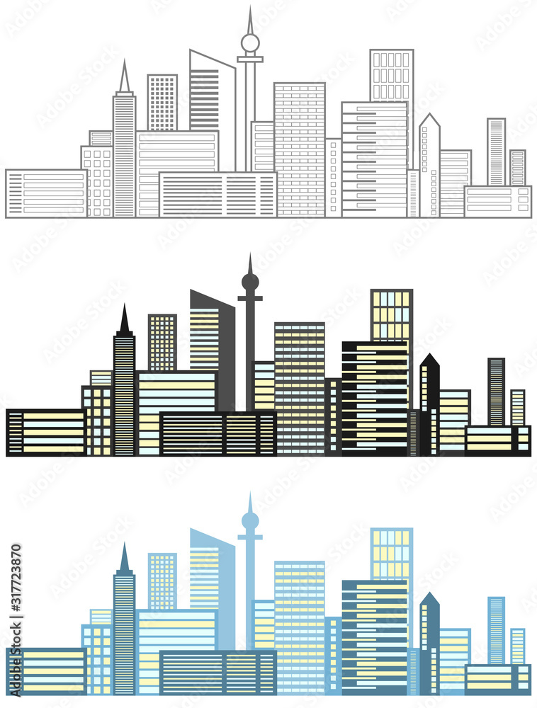 City landscape. Urban view of the metropolis. Set of realistic city landscapes isolated on white. Vector illustration.