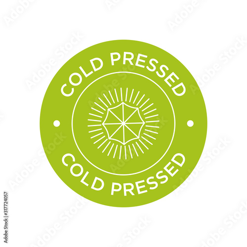 Cold pressed icon for labels of juices, oils and other products. Round and green symbol.