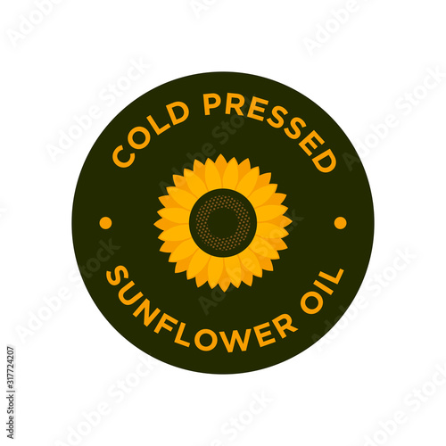 Cold pressed sunflower oil icon. Round, green and orange symbol.