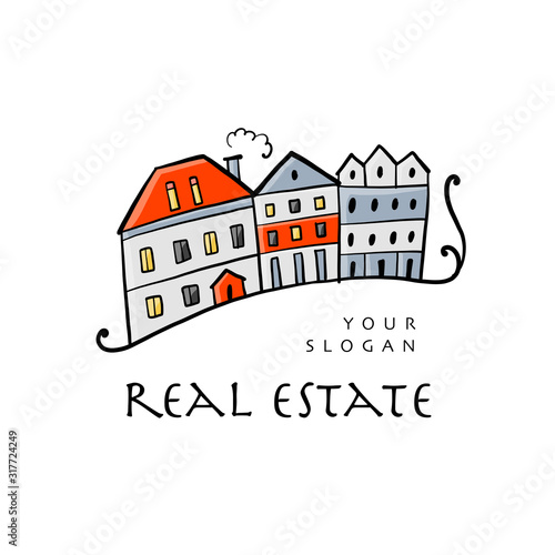 Real estate, logo template, old europe street. Sketch for your design