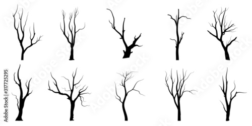 Black Branch Tree or Naked trees silhouettes set. Hand drawn isolated illustrations.