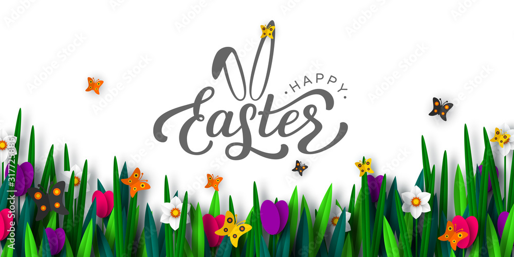 Happy Easter background with paper cut spring flowers tulip and narcissus, butterfly, hand written calligraphy. Spring flower border. Vector. - obrazy, fototapety, plakaty 