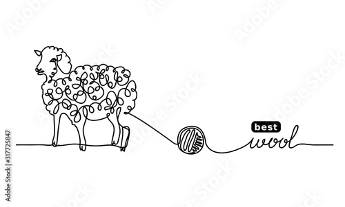 Sheep  best, finest wool. Vector label design, simple background. One continuous line drawing of sheep and wool.