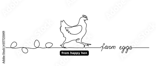 Hen or chicken vector outline,doodle with eggs. Farm eggs lettering, text. One continuous line drawing. Minimal, simple background for label design.
