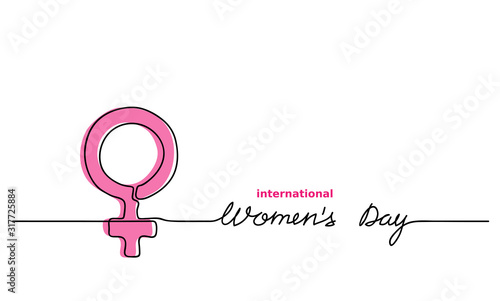 Woman pink symbol, sign.  International women's day.  Simple, minimalistic vector background. One continuous line drawing sign with text.