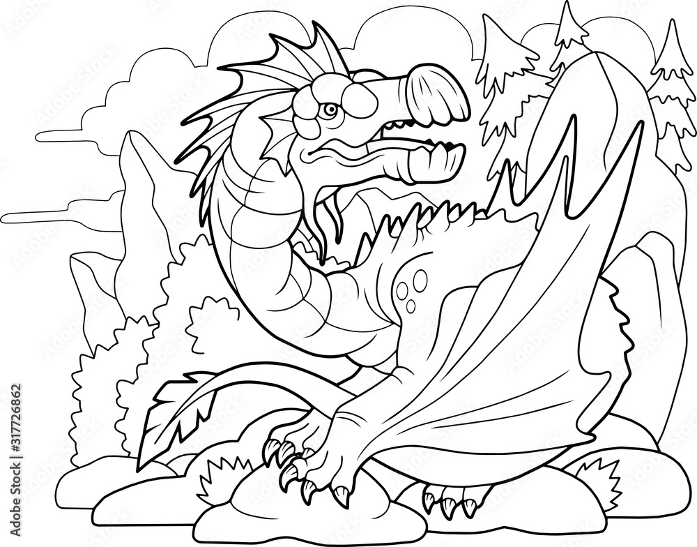 cartoon carnivorous dragon, coloring book, funny illustration Stock ...