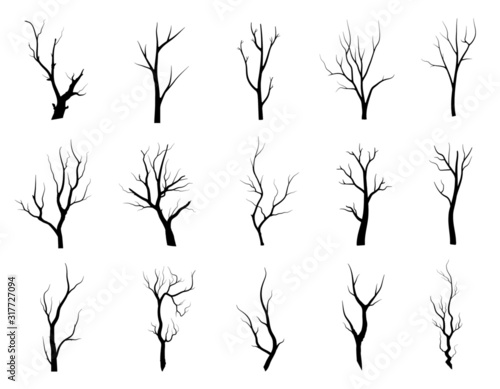 Black Branch Tree or Naked trees silhouettes set. Hand drawn isolated illustrations.