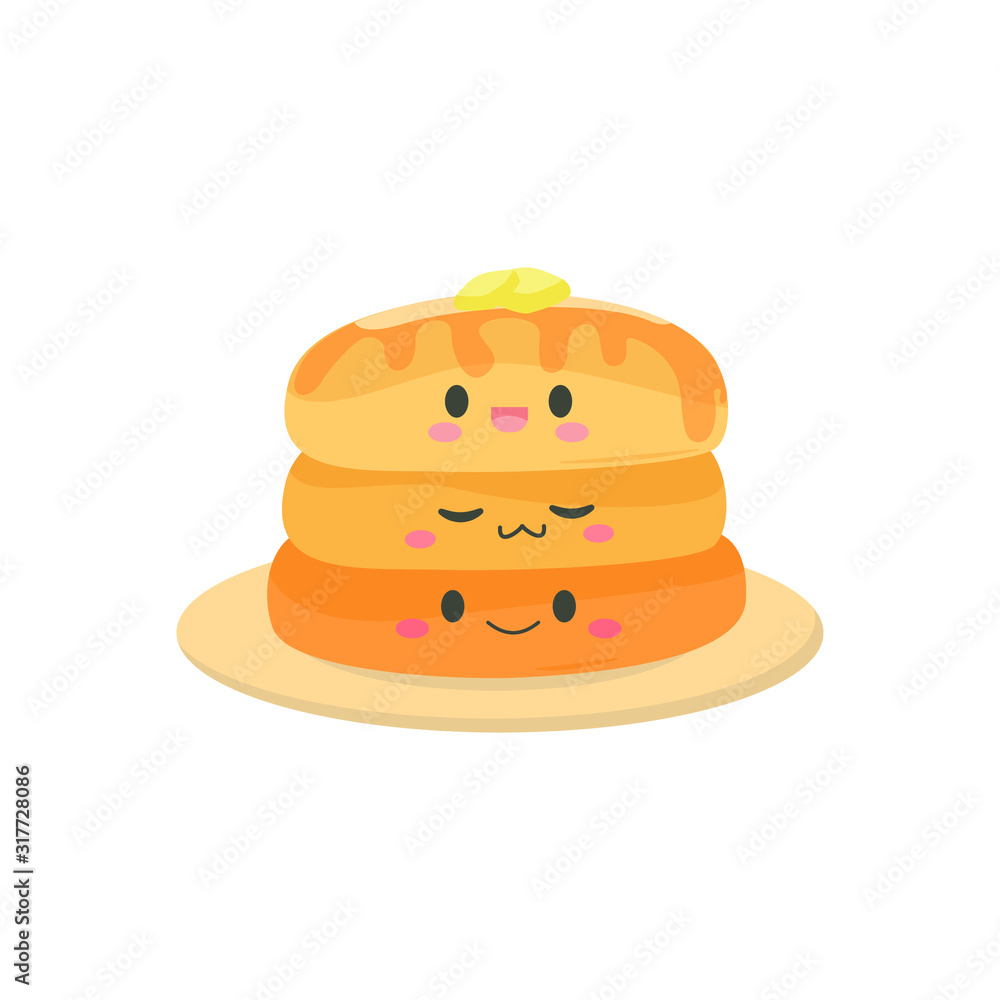  Vector illustration with cute kawaii pancakes. Cartoon happy pancakes with butter for breakfast. Isolated on a white background.