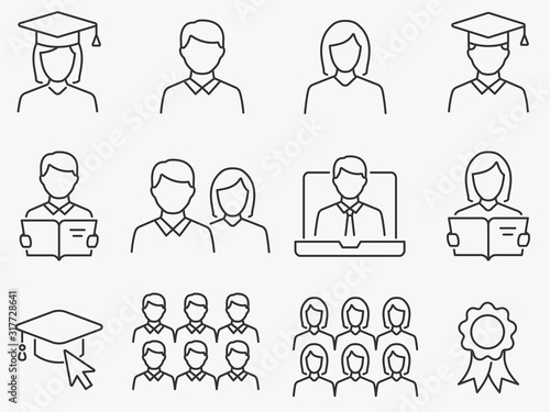 Students line icons set. Black vector illustration. Editable stroke.
