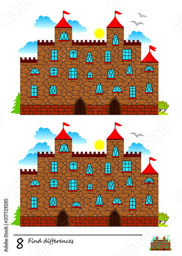 Find 8 differences. Logic puzzle game for children and adults. Printable page for kids brain teaser book. Illustration of fairy tale medieval castle. Developing counting skills. IQ training test.