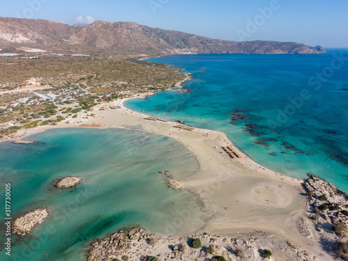 Aerial photo of Elafonisi beach on the island of Crete in Greece, azure sea water and a beach from a height of flight.