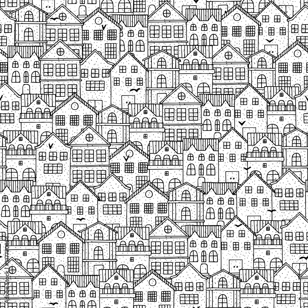 Vector city seamless pattern with hand drawn houses. Doodle houses background.