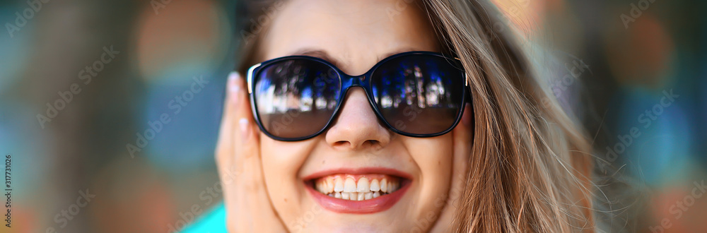 cheerful blonde in sunglasses / young beautiful girl, sunglasses, woman summer look cheerful blonde in sunglasses / young beautiful girl, sunglasses, woman summer look