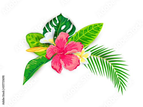 Tropical exotic leaves, hibiscus and plumeria flowers, vector illustration isolated on white background. Design element for poster, web, flyers, invitation, postcard, t-shirt, SPA, sticker.