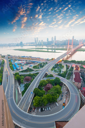 Photography overlooking the vehicle motion blur on shanghai elevated road junction and inter