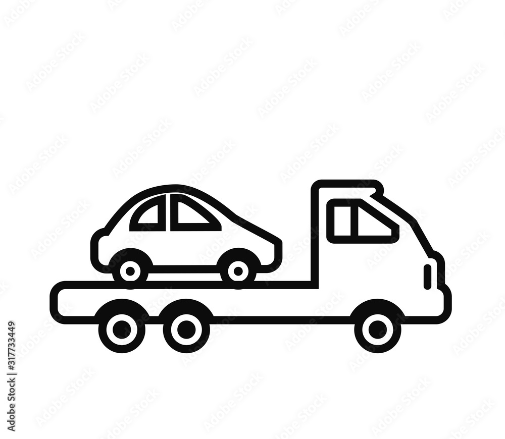 Tow truck and car on a white background. Linear silhouette. Vector illustration. Tow truck and car on a white background. Linear silhouette. Vector illustration.