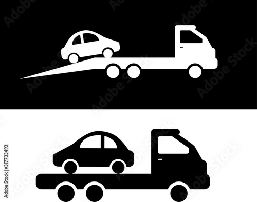 Tow truck and car on a white background. Icon. Black and white. Vector illustration.