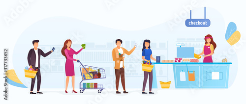 Queue of shoppers in a supermarket, waiting to pay for their groceries at the cashier with baskets and shopping trolleys in a colorful cartoon vector panorama illustration