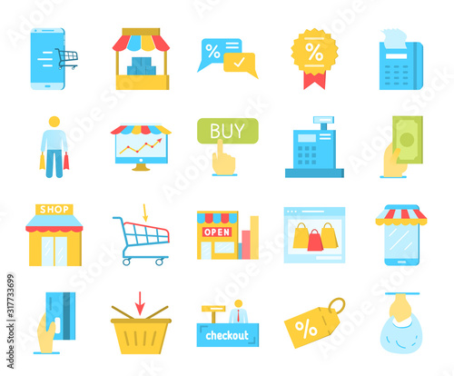 Large collection of twenty shopping icons depicting stores, shops, merchandise, sales tags, payment, and transactions on white for design elements, vector illustration