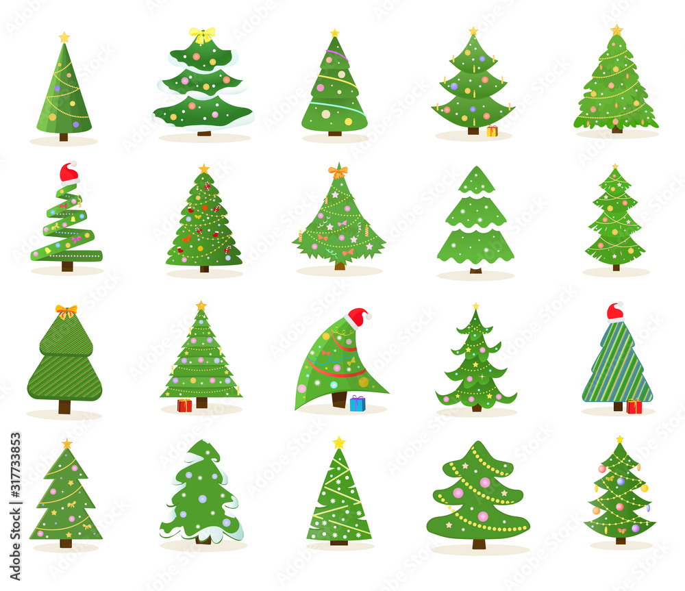 Large set of decorated green Christmas tree icons in different shapes and designs for use as vector design elements on white