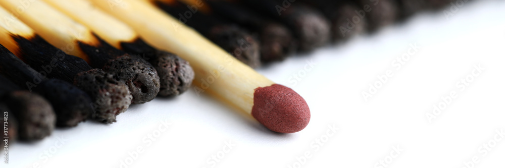 New intact match standing out from plenty burned fellows on white background New intact match standing out from plenty burned fellows on white background