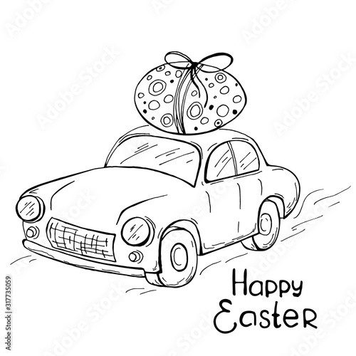 Hand drawn cartoon easter car with egg on white background. Happy easter. Vector coloring card. Spring holiday card.