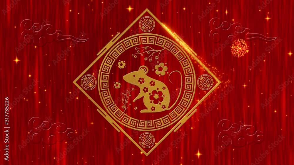 Lunar New Year, Spring Festival background with golden rat, fireworks, glittering stars. Chinese new year animation for holiday event. 3D rendering seamless loop 4k video. Lunar New Year, Spring Festival background with golden rat, fireworks, glittering stars. Chinese new year animation for holiday event. 3D rendering seamless loop 4k video.