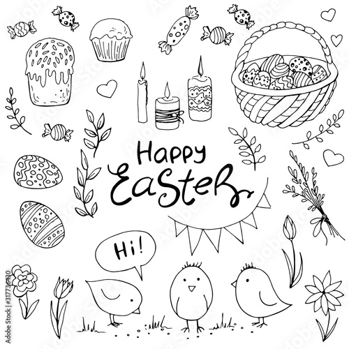 Set of doodle easter elemetns isolated on white background. Basket with colored eggs, tulips, glazed cake, candle, chick. Vector illustration. Perfect for coloring book, greeting card, print.