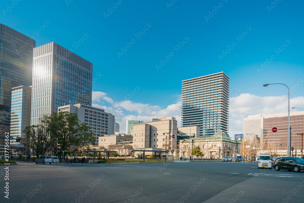 OSAKA, JAPAN - January 14, 2020: Street view of city center in Osaka, Japan OSAKA, JAPAN - January 14, 2020: Street view of city center in Osaka, Japan