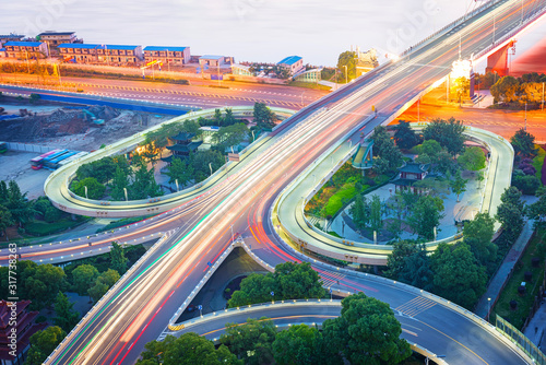 shanghai interchange overpass and elevated road in nightfall